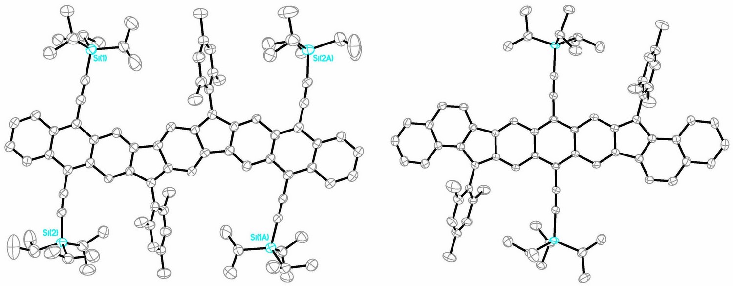 Figure 1. X-ray crystal structures of two π-expanded molecules recently prepared by the Haley group.